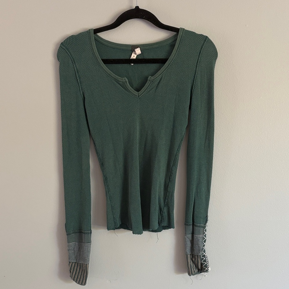 We The Free Teal Long Sleeve Blouse with Striped Cuffs